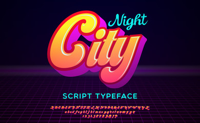 Fototapeta Night City. 3D script font in 1980s style. Illustration of 1980 retro neon poster. Futuristic landscape. obraz