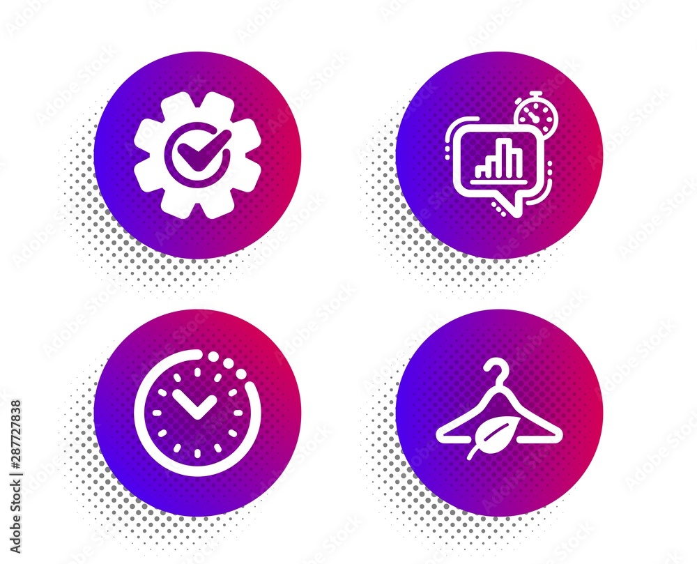 Poster cogwheel, time management and statistics timer icons simple set. halftone dots button. slow fashion 
