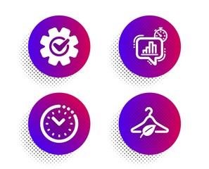 Cogwheel, Time management and Statistics timer icons simple set. Halftone dots button. Slow fashion sign. Engineering tool, Office clock, Growth chart. Eco tested. Science set. Vector