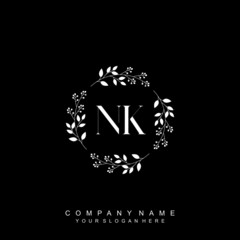 letter NK surrounded by beautiful and elegant flowers and leaves. Wedding monogram logo template. Fashion Logo template Vectors,