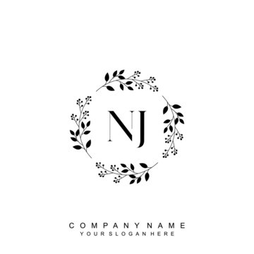 letter NJ surrounded by beautiful and elegant flowers and leaves. Wedding monogram logo template. Fashion Logo template Vectors,