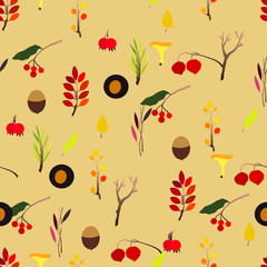 Autumn vector seamless pattern with berries, acorns, pine cone, mushrooms, branches and leaves.