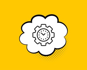 Time management line icon. Comic speech bubble. Clock sign. Gear symbol. Yellow background with chat bubble. Time management icon. Colorful banner. Vector