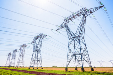 Dozens of electricity pylons in the french countryside under a clear blue sky.