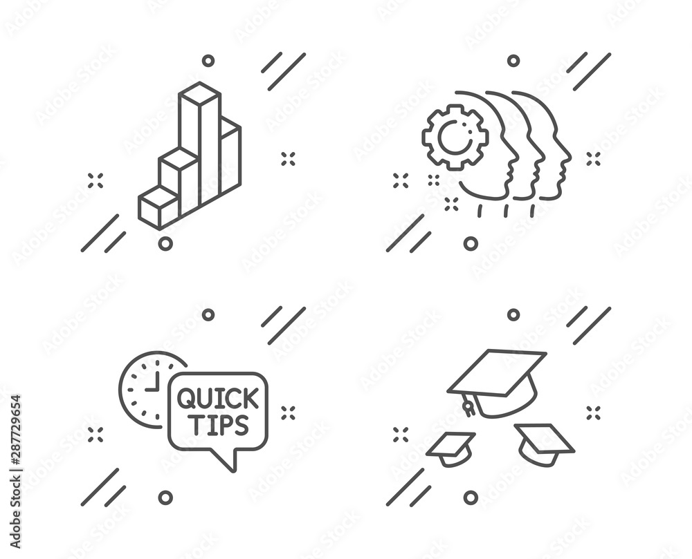 Poster quick tips, 3d chart and employees teamwork line icons set. throw hats sign. helpful tricks, present