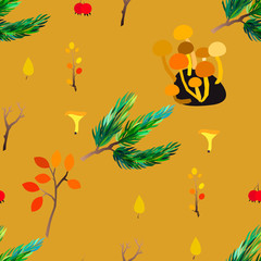 Obraz na płótnie Canvas Autumn vector seamless pattern with berries, acorns, pine cone, mushrooms, branches and leaves.