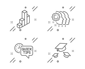 Quick tips, 3d chart and Employees teamwork line icons set. Throw hats sign. Helpful tricks, Presentation column, Collaboration. College graduation. Science set. Line quick tips outline icon. Vector