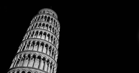 Leaning Tower of Pisa seen from below (Black and White with copy space)