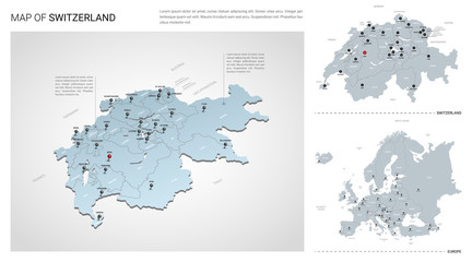 Vector set of Switzerland country.  Isometric 3d map, Switzerland map, Europe map - with region, state names and city names.