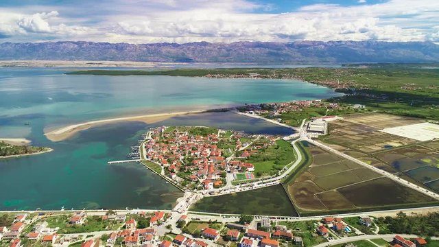 Adriatic town of Nin and Velebit background aerial view, Dalmatia region of Croatia
