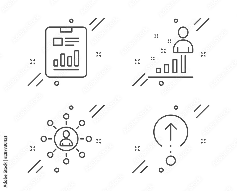 Poster stats, networking and report document line icons set. swipe up sign. business analysis, business com