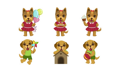 Cute Little Dogs Characters Set, Lovely Humanized Pet Animals Vector Illustration