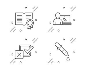 Checkbox, Online education and Diploma line icons set. Chemistry pipette sign. Survey choice, Internet lectures, Document with badge. Laboratory. Education set. Line checkbox outline icon. Vector