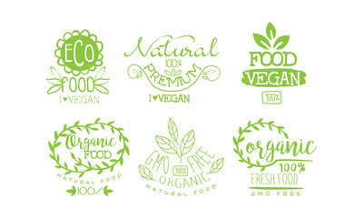 Natural Fresh Food Premium Green Labels Set, Gmo Free, Organic Vegan Product Vector Illustration