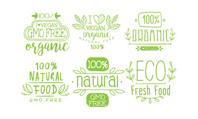 Natural Fresh Food Green Labels Set, Gmo Free, Organic Vegan Product Vector Illustration