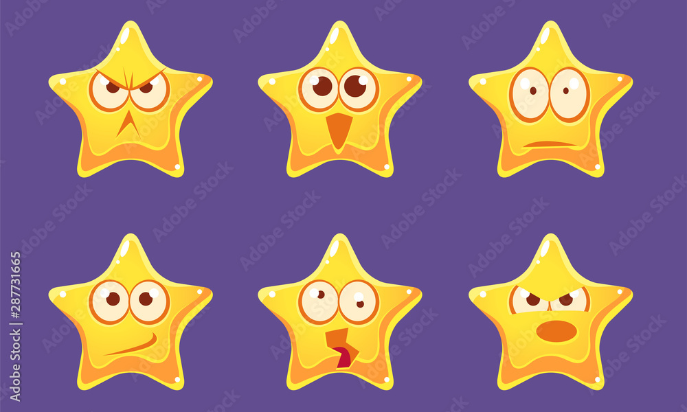 Wall mural Cute Glossy Star Characters Set, Bright Star with Different Emotions Vector Illustration