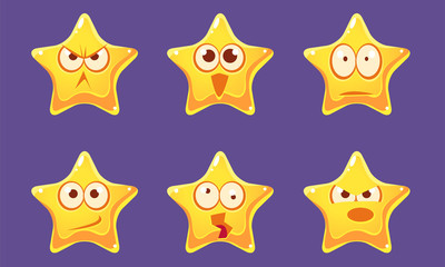 Cute Glossy Star Characters Set, Bright Star with Different Emotions Vector Illustration