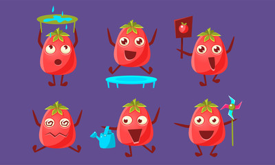 Tomato Characters with Funny Faces Set, Cute Vegetable in Different Poses and Various Emotions Vector Illustration