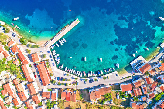 Idyllic coastal village of Racisce on Korcula island aerial view