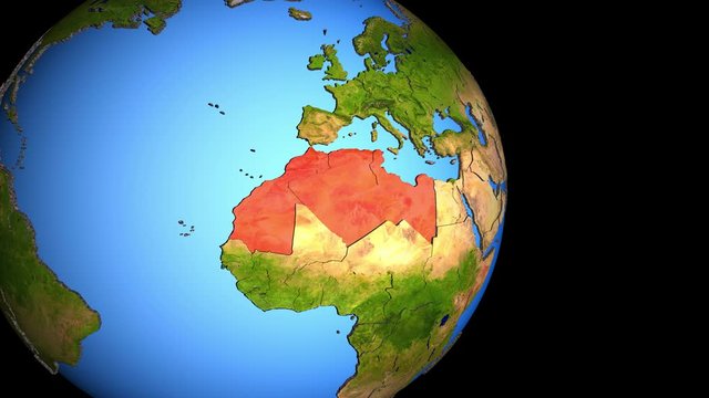 Closing in on Maghreb region on political 3D globe with topography. 3D illustration.