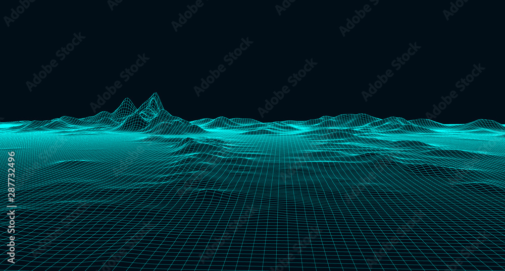 Poster abstract digital landscape with particles dots and stars on horizon. wireframe landscape background.