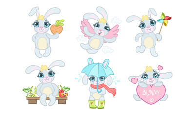Cute Adorable Bunny Character Set, Cheerful Lovely Animal in Different Situations Vector Illustration