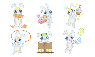 Cute Adorable Bunny Cartoon Character Set, Cheerful Lovely Animal in Different Situations Vector Illustration