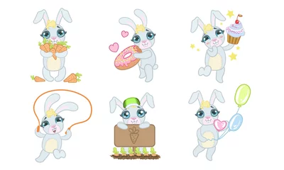 Muurstickers Speelgoed Schattige schattige Bunny Cartoon karakterset, vrolijk mooi dier in verschillende situaties vectorillustratie