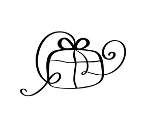 Christmas gift box vector icon silhouette. Simple gift contour symbol. Isolated on white web sign kit of stylized spruce. Handdraw flourish picture
