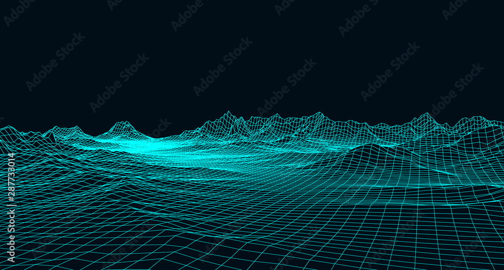 Poster abstract digital landscape with particles dots and stars on horizon. wireframe landscape background.