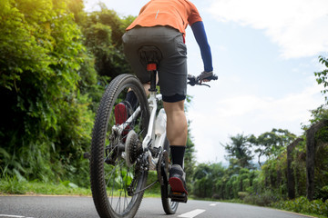 Naklejka premium Woman cyclist riding mountain bike on tropical rainforest trail