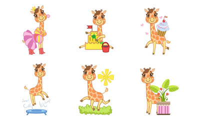 Obraz na płótnie Canvas Cute Giraffe Cartoon Character Set, Adorable Animal in Different Situations Vector Illustration