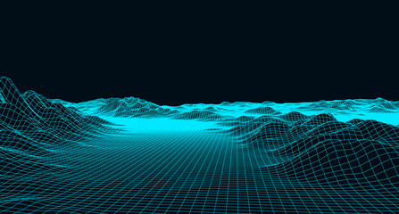 Abstract digital landscape with particles dots and stars on horizon. Wireframe landscape background. Big Data. 3d futuristic vector illustration. 80s Retro Sci-Fi Background