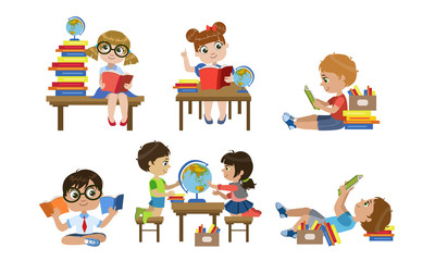 Cute Kids Reading Books Set, Children Learning Geography Vector Illustration