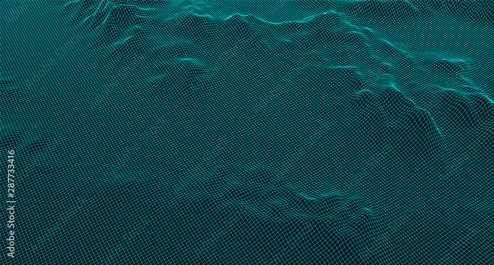 Poster abstract digital landscape with particles dots and stars on horizon. wireframe landscape background.