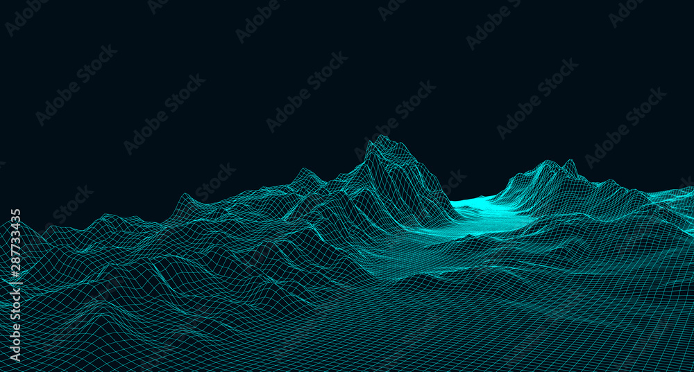 Poster abstract digital landscape with particles dots and stars on horizon. wireframe landscape background.