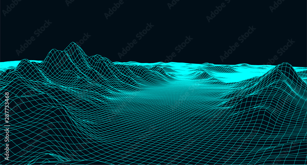 Poster abstract digital landscape with particles dots and stars on horizon. wireframe landscape background.