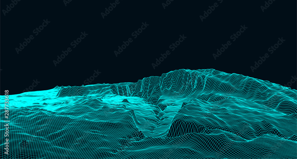 Poster abstract digital landscape with particles dots and stars on horizon. wireframe landscape background.