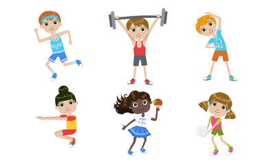 Kids Doing Different Kind of Sports Set, Boys and Girls Playing Table Tennis, Volleyball, Running, Exercising with Barbell Vector Illustration