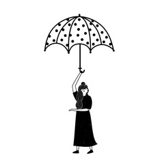 Vector black white illustration with woman holding big umbrella.