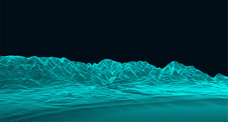 Abstract digital landscape with particles dots and stars on horizon. Wireframe landscape background. Big Data. 3d futuristic vector illustration. 80s Retro Sci-Fi Background