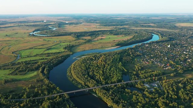 Aerial view of beautiful flood-meadow and river flood.Flying above beautiful Desna river when the river is full of water at spring at National Nature Park in Chernihiv Oblast, Ukraine.