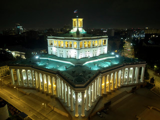 Central Academic Theatre of the Russian Army, Moscow, Russia. Night cityscape. Aerial view