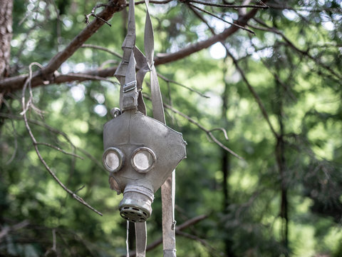 Old children's gas mask on a tree in Pripyat city, Chernobyl Exclusion Zone, Ukraine