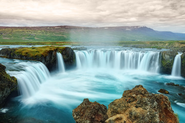 Godafoss waterfall, Iceland. Amazing long exposure scenery of famous landmark in Iceland -...