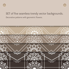 Set of five seamless trendy vector backgrounds for fabric, wallpaper or web.