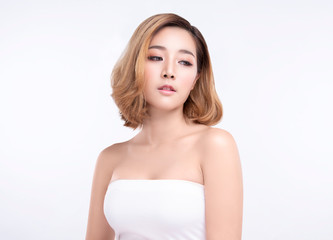 Beauty Young asian woman with perfect facial skin. Gestures for advertisement treatment spa and cosmetology.