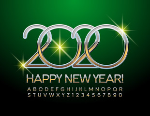 Vector luxury Greeting Card Happy New Year 2020. Stylish slim Alphabet Letters and Numbers. Elite Golden and Silver Font