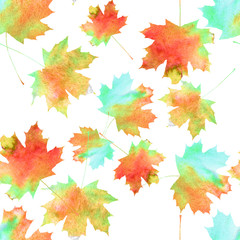 Autumn pattern, image of maple leaves in various colors. Watercolor texture