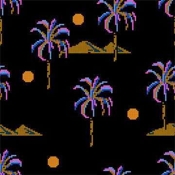 Trendy Seamless pattern Palm trees and island mountain pixle  in vector illustration. Design for fashion , fabric, web ,wallpaper, wrapping  and all prints